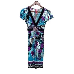 Rare Vintage Y2K Blue & Purple Paisley Floral V-Neck Dress Metal Jewel Waist